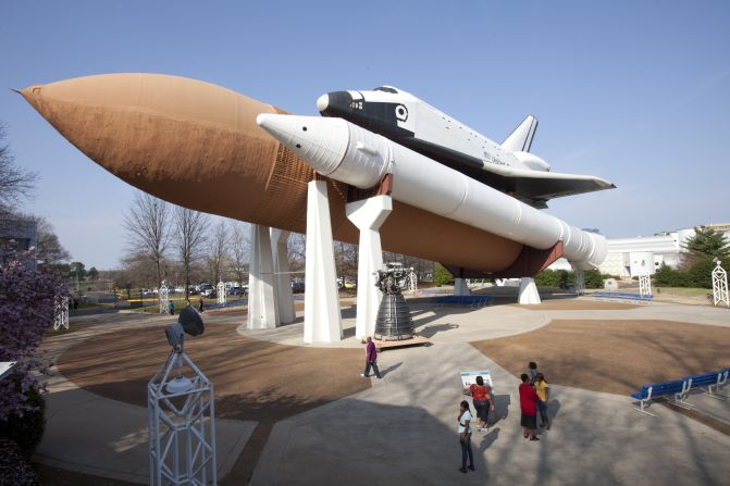 The Shuttle Pathfinder, with solid rocket boosters and an external fuel tank, provides a popular photo opportunity at the U.S. Space and Rocket Center.