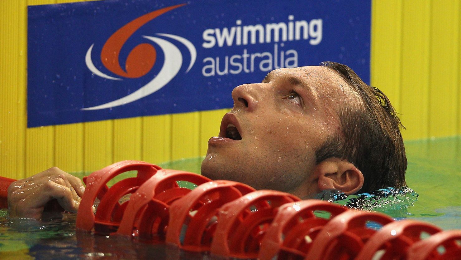 Ian Thorpe looks disappointed after finishing his semifinal of the Australian Olympic trials over 200m freestyle.