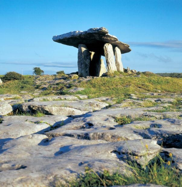 The Poulnabrone Dolmen is a portal tomb in the Burren, part of County Clare, dating back to the Neolithic period.