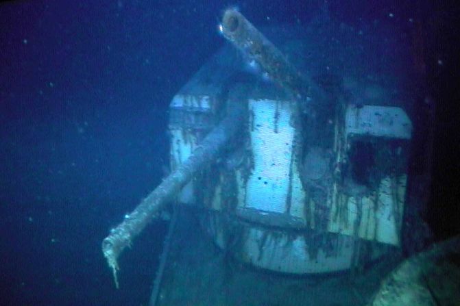 An image of a battery gun on the sunken German battle cruiser, Bismarck.