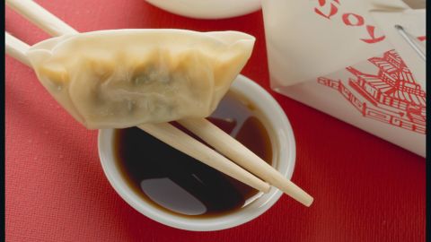 Three steamed veggie dumplings will save you more than 130 calories and about 10 grams of fat over steamed pork dumplings.