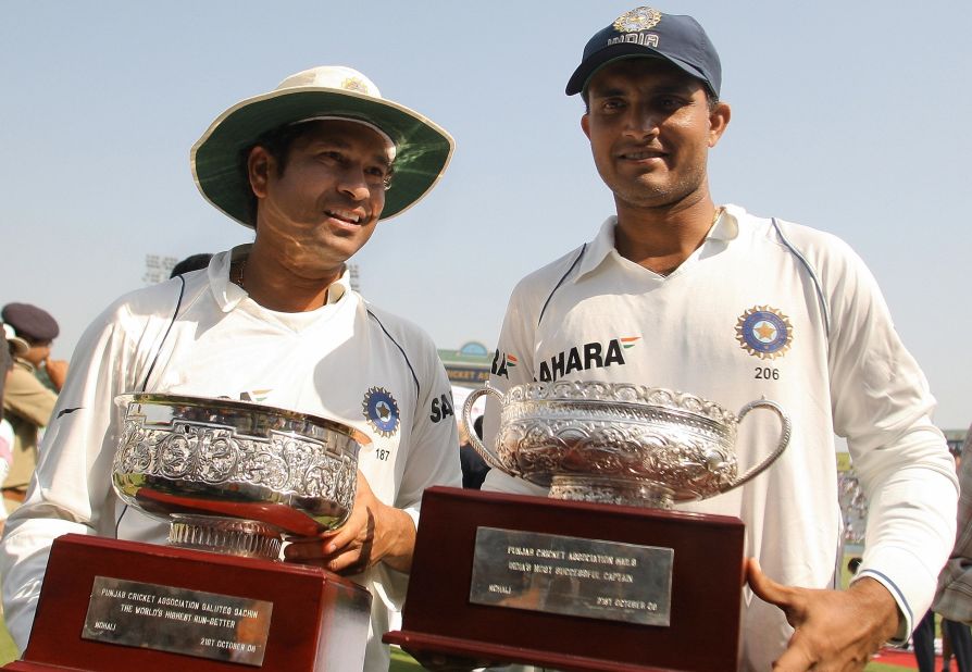 Tendulkar, left, became Test cricket's highest runscorer in October 2008 when he passed Brian Lara's previous record of 11,953 during a home series against Australia.