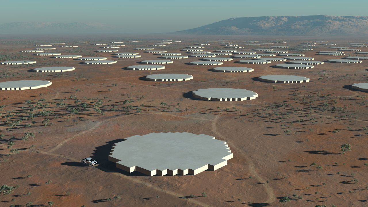 In addition to 3,000 dishes there will be two sets of aperture array antennas -- dense (pictured in this CGI) and sparse -- which will pick up lower frequencies.   