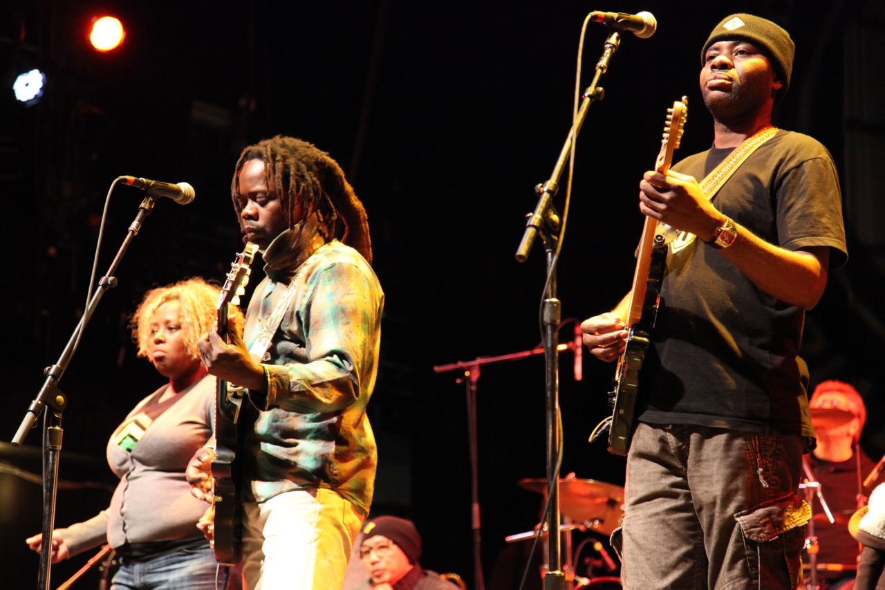 Titi Tsira (left) from South Africa and Mermans Kenkosenki (middle) and Jason Tamba (right) from the Democratic Republic of Congo are some of the African musicians representing the continent in Playing for Change.