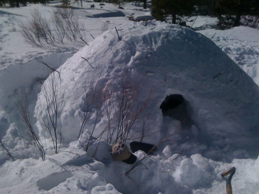 A "quinzhee" snow shelter prepared by a corporate participant on a "Deep Snow Survival" retreat in the San Juan range in the Rocky Mountains.