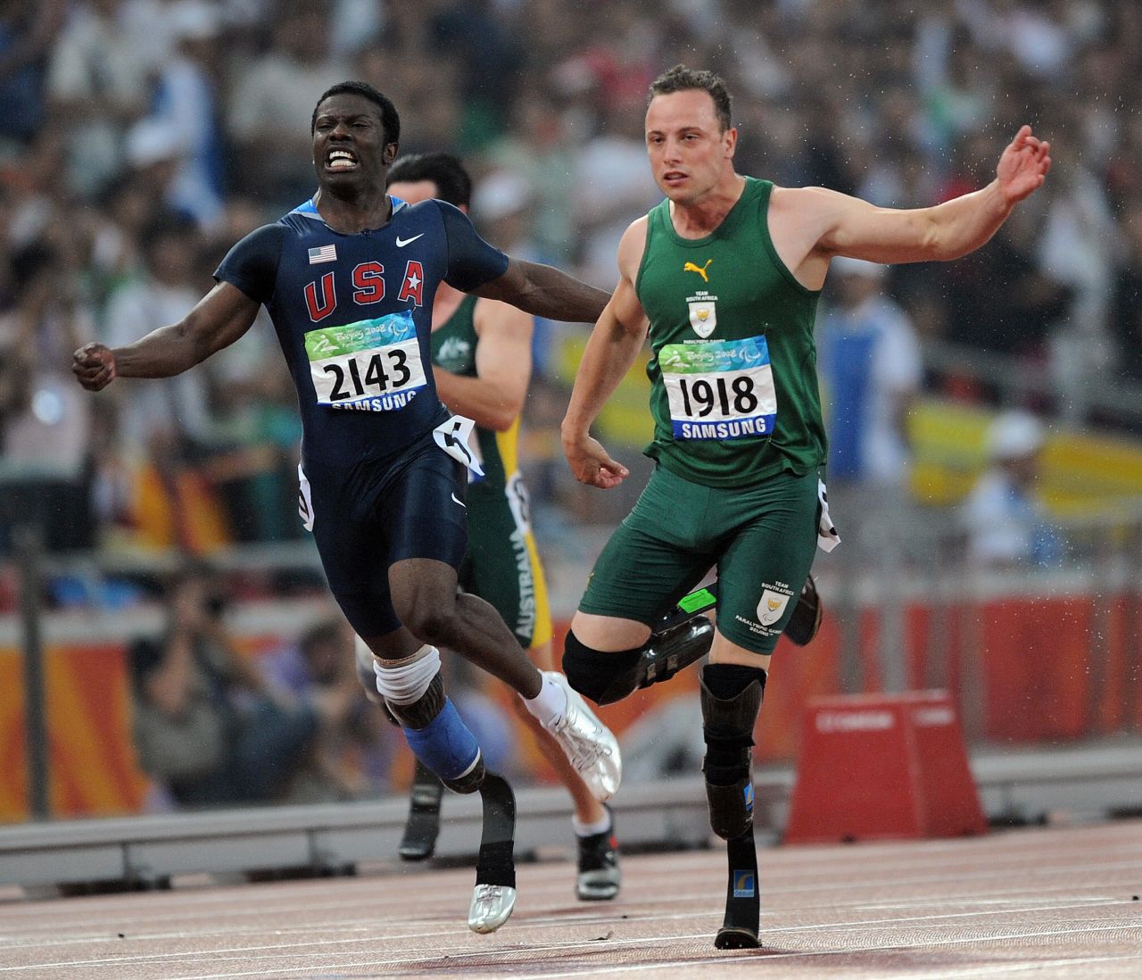 Pistorius held off Jerome Singleton of the United States to win gold over 100m in the T44 class at the 2008 Beijing Paralympics. He also won the 200 and 400m events in the Chinese capital.
