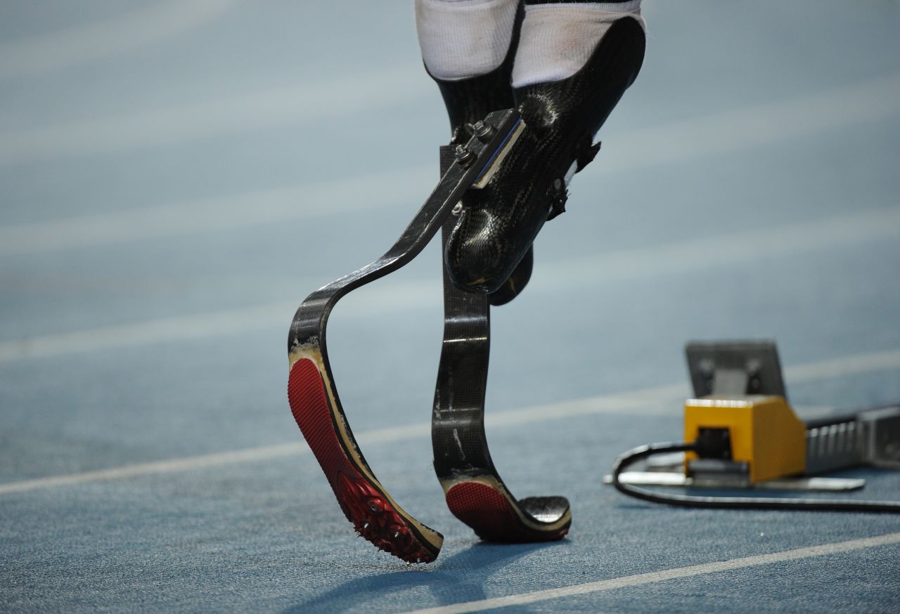 A close of view of the specially designed prosthetic carbon-fiber blades which Pistorius uses for track and field events. 