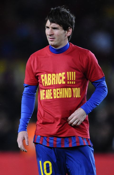 Barcelona's Lionel Messi wore a t-shirt with a message of support for Muamba before Wednesday's game with Granada, in which the Argentina striker scored a hat-trick and became the club's leading goalscorer of all time.