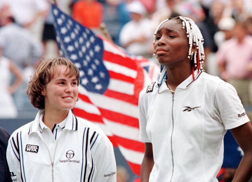 In 1997, Venus became the first woman since Pam Shriver in 1978 to reach the final of her first US Open. She lost the showpiece match 6-0, 6-4 to Martina Hingis, seen at left.