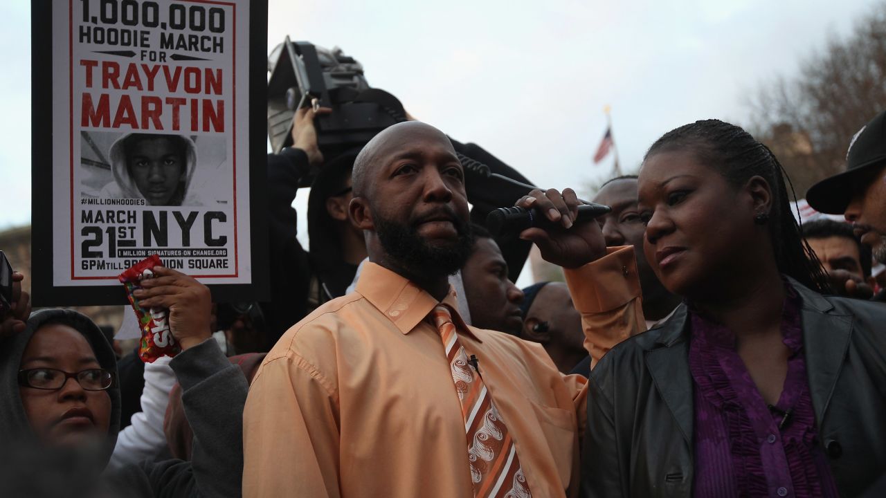 Tracy Martin and Sybrina Fulton address supporters at the Million Hoodies March on Wednesday in New York.