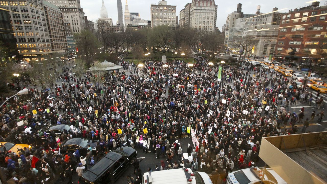 Trayvon Martin supporters  block traffic as they march through Union Square during a "Million Hoodie March" in Manhattan on March 21, 2012 in New York City. 