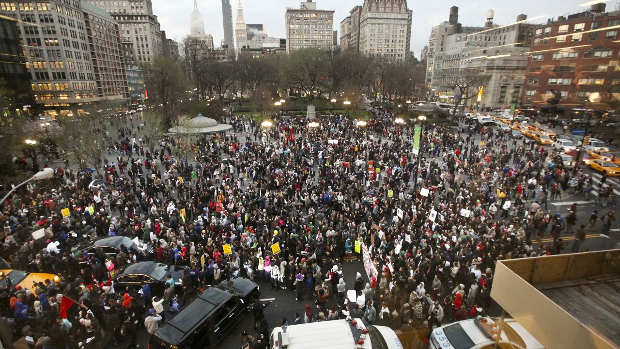 Trayvon Martin supporters block traffic as they march through Union Square during a "Million Hoodie March" in Manhattan on March 21, 2012 in New York City.