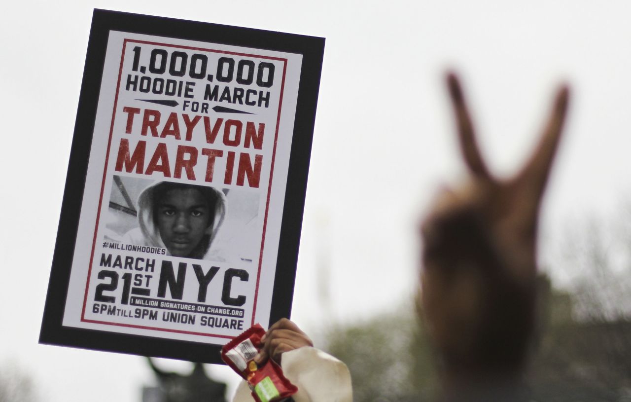 Supporters of Trayvon Martin rally in New York's Union Square during a "Million Hoodie March" on Wednesday, March 21. Trayvon, 17, was shot to death February 26 while walking in a gated community in Sanford, Florida. George Zimmerman, a neighborhood watch leader, said he shot the teen in self-defense.