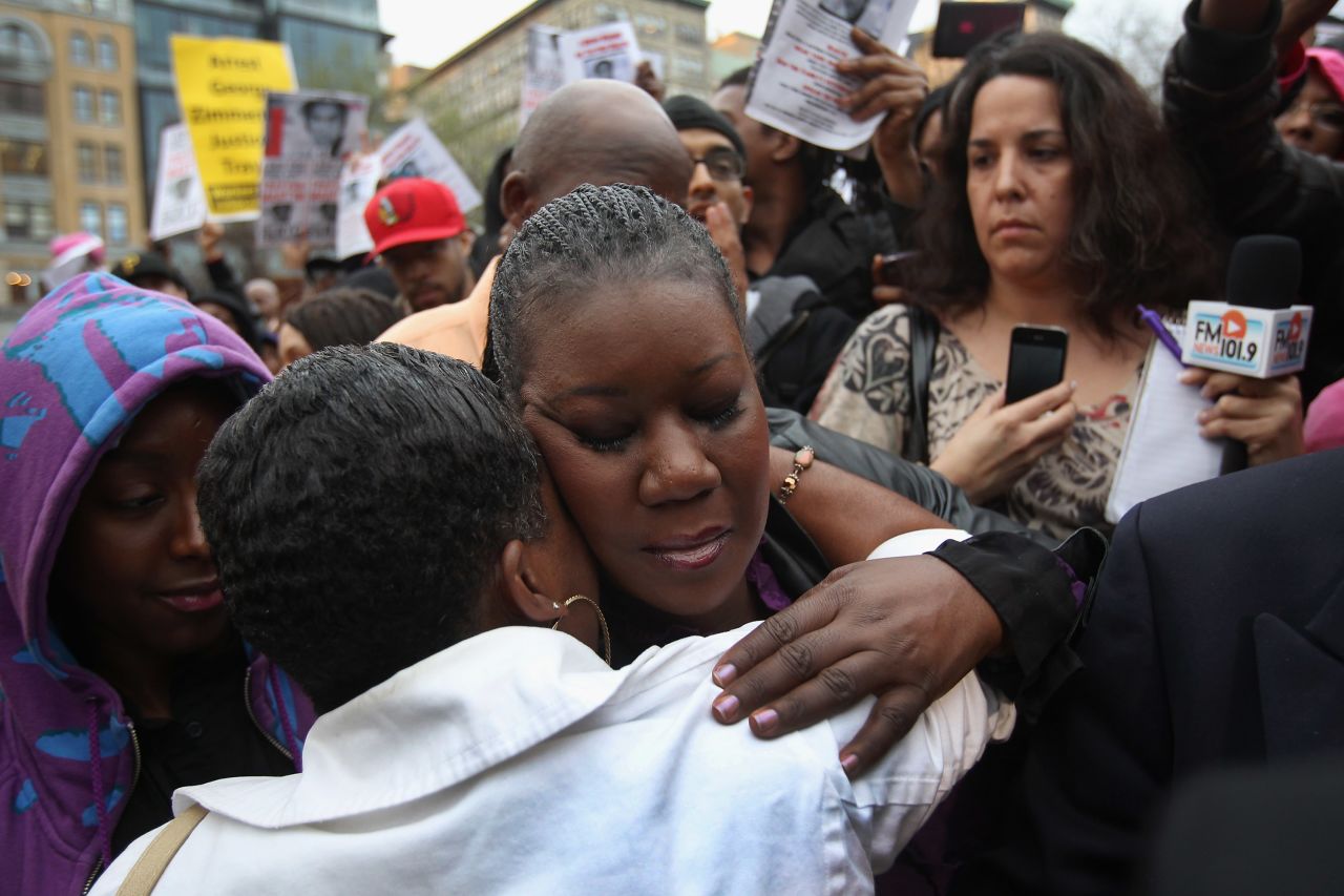 Sybrina Fulton, Trayvon's mother, hugs a supporter at the March. "Our son is your son," Fulton, told the crowd. "This is not about a black-and-white thing. This is about a right-and-wrong thing. Justice for Trayvon!"