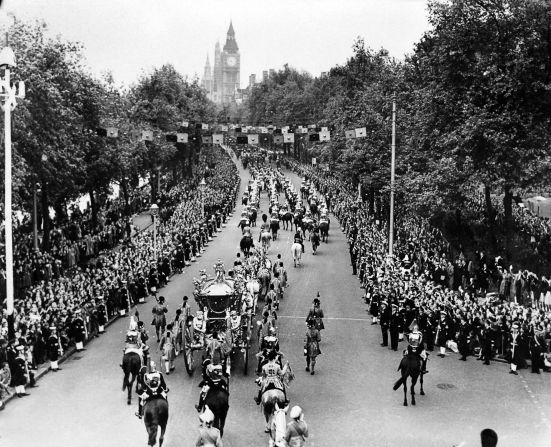 MP Tobias Ellwood says naming the tower, seen here in the background of the coronation parade, after the monarch would be a fitting way to mark her 60th year on the throne.