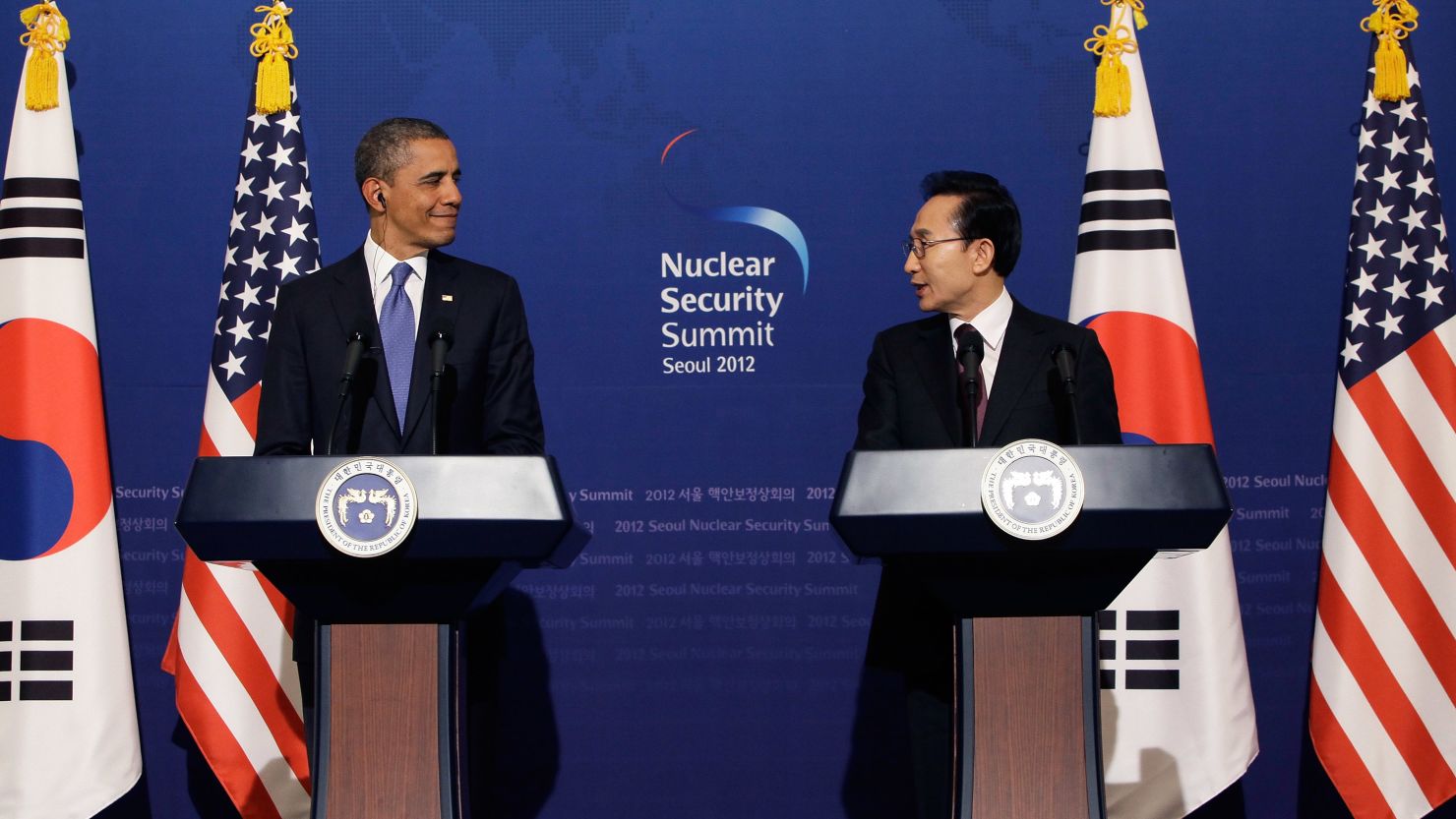 U.S. President Barack Obama and South Korean President Lee Myung-Bak hold a news conference in Seoul, South Korea.