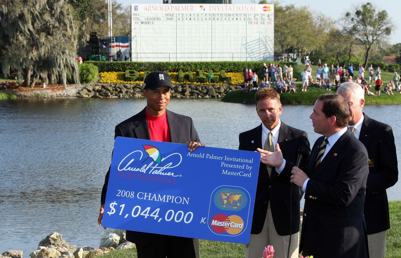 Woods' fifth win at Bay Hill came in 2008 courtesy of a 25-putt on the final hole. It was the American's third successive PGA Tour victory that year, and fifth in a row going back to 2007. He won two out of three before that run, tying for second in the other. 