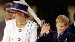 9 Aug 1995 Princess Diana(L) and her son Harry(R) watch veterans as they march past a dais on the Mall as part of the commemorations of VJ Day 19 August.