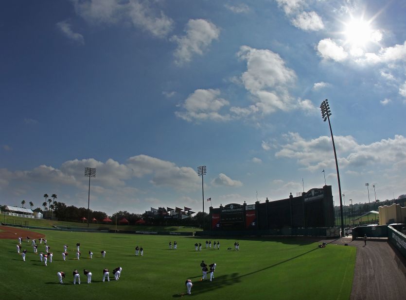 The Atlanta Braves stretch during a 2011 spring training workout at Champion Stadium, which is part of Disney World's ESPN Wide World of Sports Complex in Lake Buena Vista, Florida.