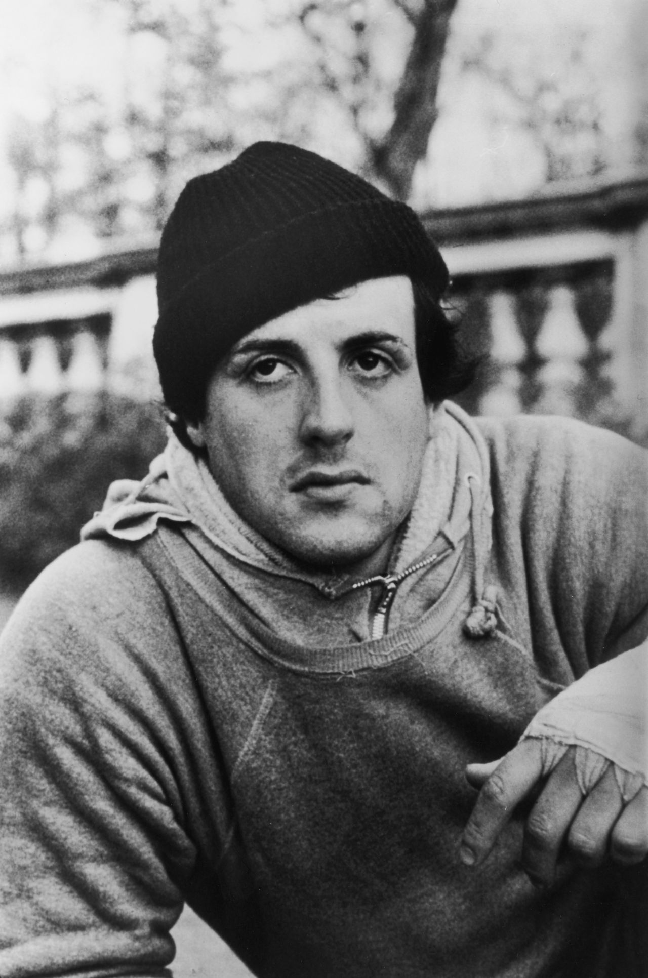 Sylvester Stallone wears a hoodie in a still from the 1976 film "Rocky."