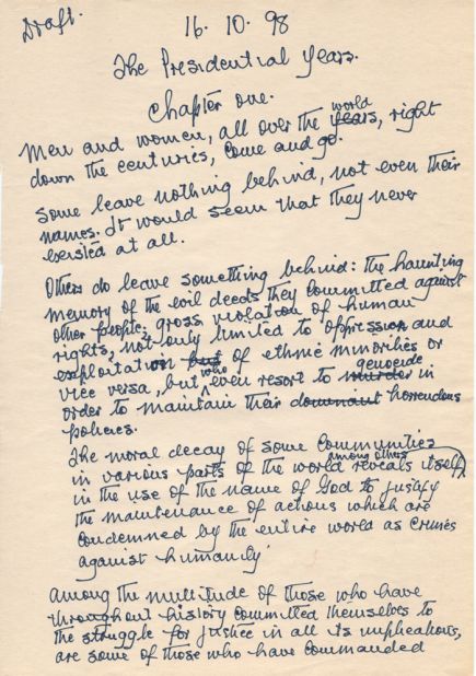 The handwritten first page of Mandela's unpublished sequel to his autobiography, "Long Walk to Freedom."