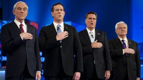Ron Paul, Rick Santorum, Mitt Romney and Newt Gingrich before a 2012 GOP presidential debate