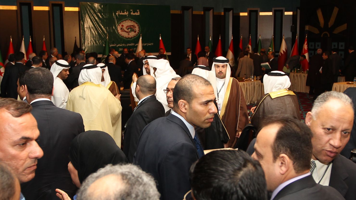 Leaders attend the Arab economy, finance and trade ministers meeting as part of Arab League Summit on Tuesday in Baghdad.