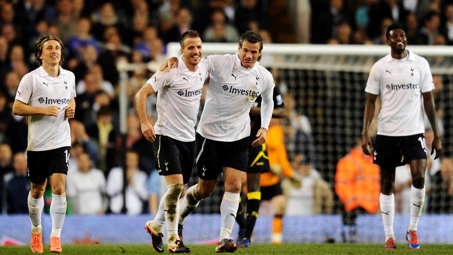 Ryan Nelsen (right) celebrates his goal as Tottenham beat Bolton 3-1 to reach the FA Cup semifinals.