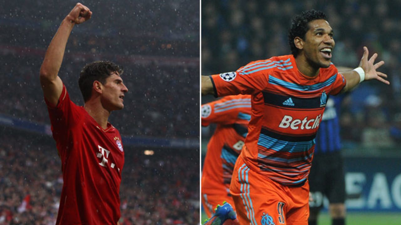 Also on Wednesday, the pressure is on four-time European champions Bayern Munich, whose Allianz Arena will host the final in May. Germany striker Mario Gomez  (left) has been in lethal form for Bayern, but Marseille upset the odds to eliminate Inter Milan in the last round as Brazilian forward Brandao scored the crucial away goal.