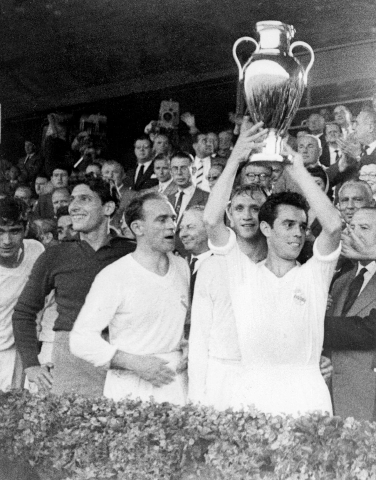 Real's European pedigree is unrivaled, having won the continent's top club competition on a record nine occasions since 1956. Captain Jose Santamaria is pictured here lifting the European Cup after Real's win against French team Stade de Reims in 1959.