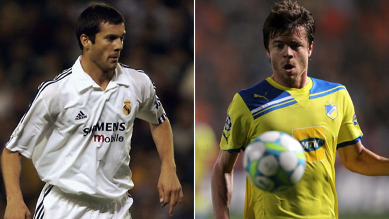 Santiago Solari (left) spent five years at Real Madrid between 2000 and 2005, during which time he won the European Champions League and two Spanish league titles. The Argentine midfielder's brother Esteban will play for Cypriot minnows APOEL Nicosia against Real on Tuesday.