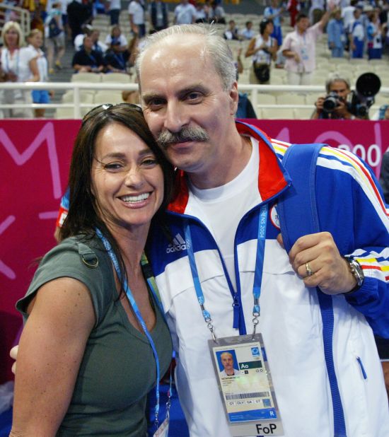 Nadia Comaneci and Romania team coach Octavian Bellu at the Athens Olympics in 2004.