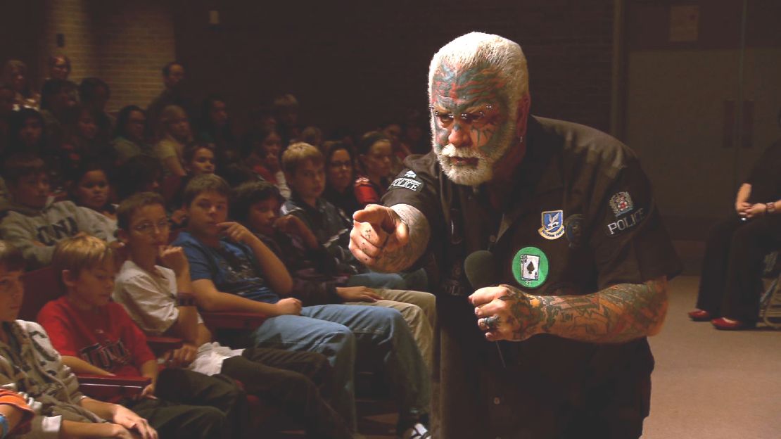 The Scary Guy talks to students in Austin, Minnesota.