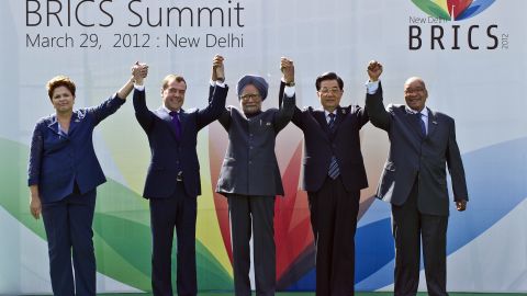 Heads of the BRICS countries pose prior to the BRICS summit in New Delhi on March 29.