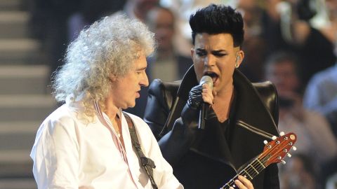 Brian May of Queen (left) and Adam Lambert perform at the MTV Europe Music Awards 2011 in Belfast, Northern Ireland.