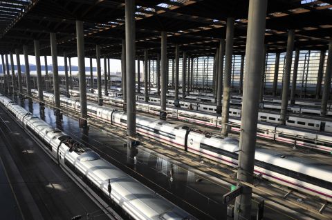 High-speed trains are blocked at Atocha railway station as a strike brings Madrid to a standstill on March 29.