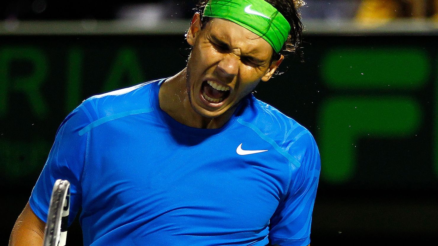 Rafael Nadal shows his delight after overcoming Jo-Wilfried Tsonga at Crandon Park in Key Biscayne.