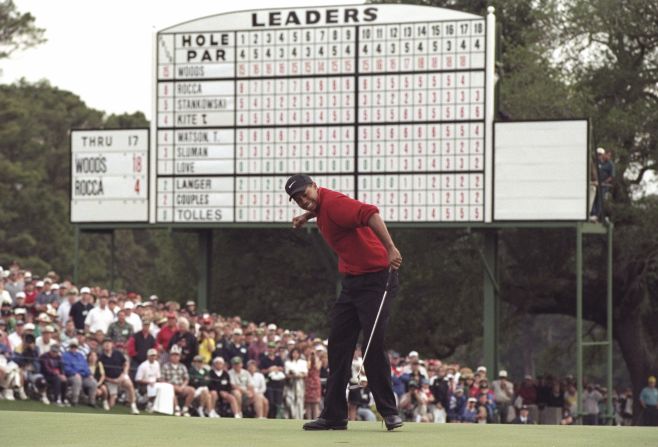 In 1997, Tiger Woods set the record for lowest winning score in the tournament's history as he won it for the first time. His four-round total of 18-under-par 270 beat Jack Nicklaus's 1965 record by one stroke. Woods also smashed the record for the biggest winning margin, coasting home by 12 strokes ahead of nearest rival Tom Kite. At the tender age of 21 years, three months and 14 days, he was the youngest winner of a Green Jacket.  