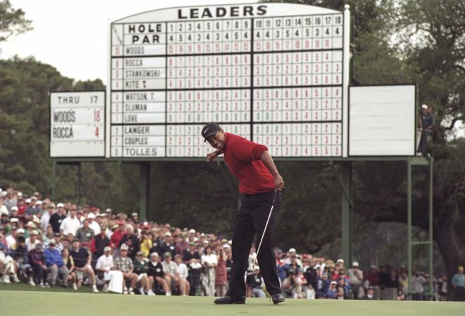 In 1997, Tiger Woods set the record for lowest winning score in the tournament's history as he won it for the first time. His four-round total of 18-under-par 270 beat Jack Nicklaus's 1965 record by one stroke. Woods also smashed the record for the biggest winning margin, coasting home by 12 strokes ahead of nearest rival Tom Kite. At the tender age of 21 years, three months and 14 days, he was the youngest winner of a Green Jacket.
