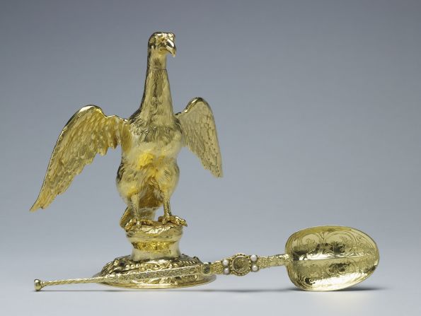 The annointing of the new monarch, using holy oil, is one of the first parts of the Coronation ceremony. The Coronation Spoon is the oldest of the Crown Jewels -- it survived the Civil War, and dates back to the 12th century.