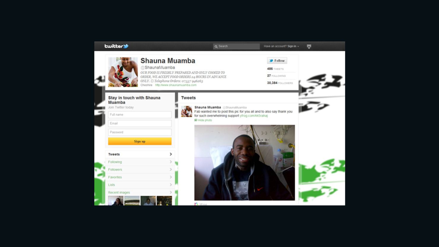 The Twitter blog of Fabrice Muamba's girlfriend Shauna showing the picture of him sitting up in his hospital bed. 
