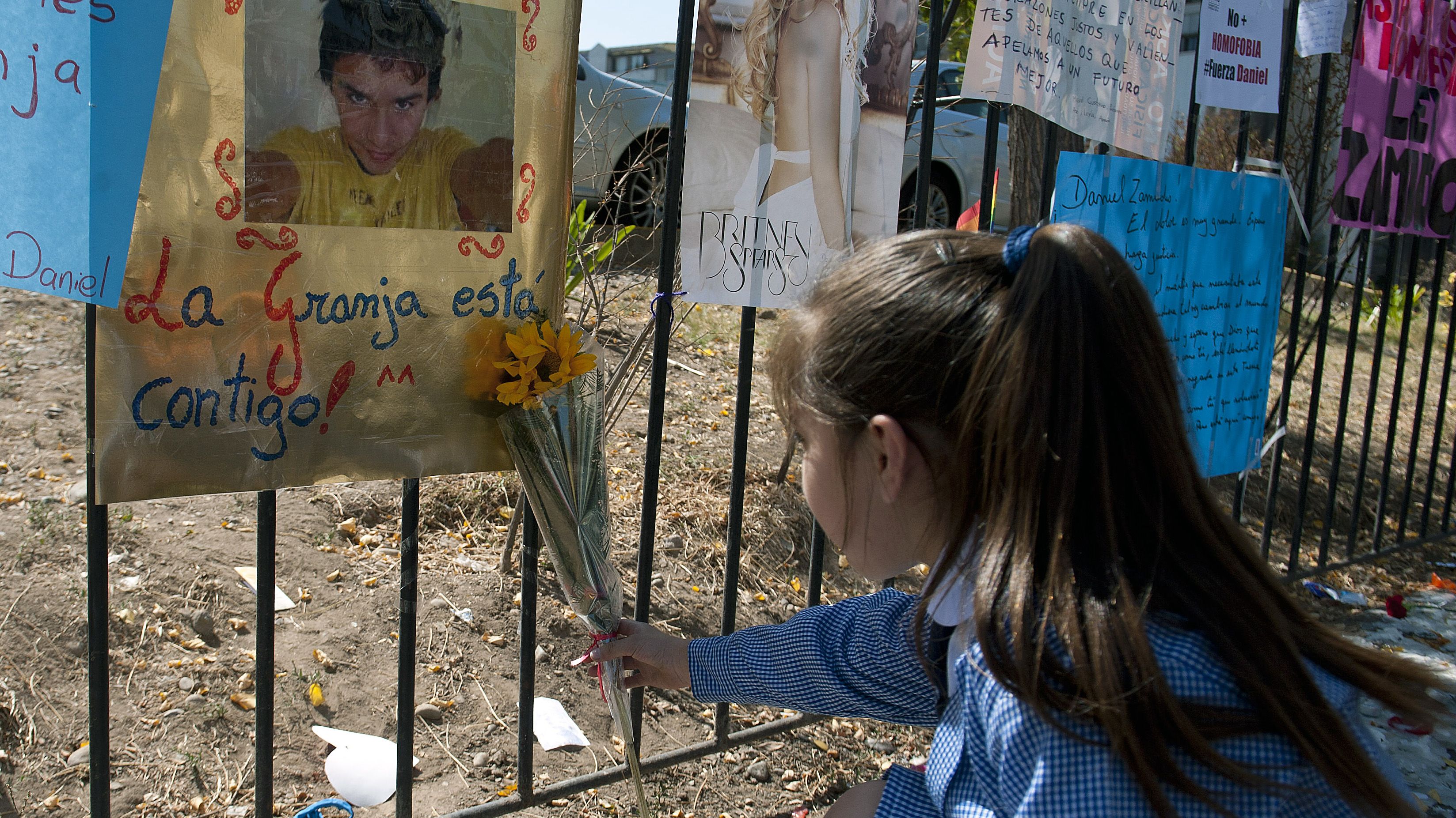 A girl leaves a flower this week next to messages in support of Daniel Zamudio outside a Santiago, Chile, hospital.