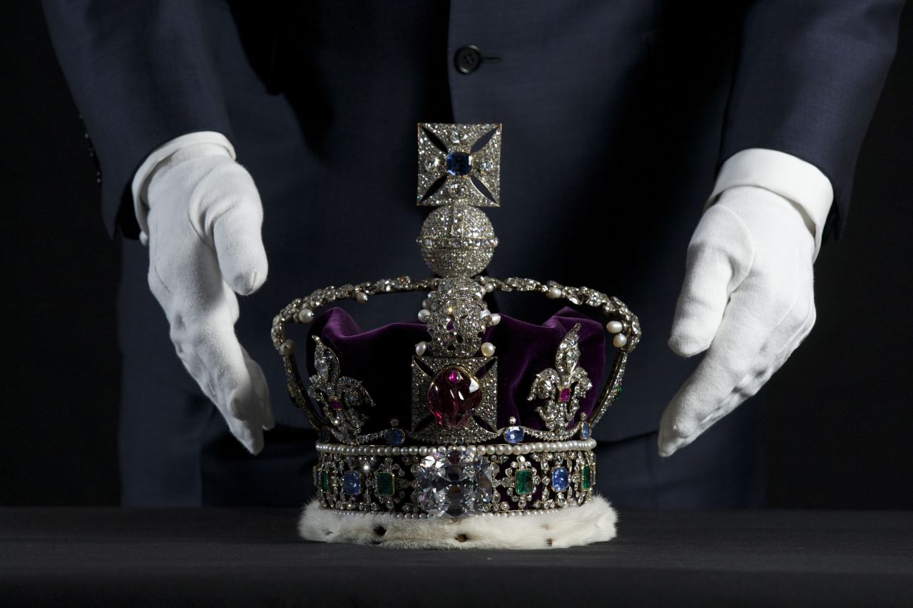 The Imperial State Crown is worn by the monarch at the end of the coronation ceremony, and at formal occasions including the annual opening of Parliament. The current version was made in 1937, and is set with some of the most famous stones in the collection, including the Cullinane II, or Second Star of Africa diamond, and the Black Prince's Ruby. The pearls suspended from its arches are said to have been Queen Elizabeth I's earrings.