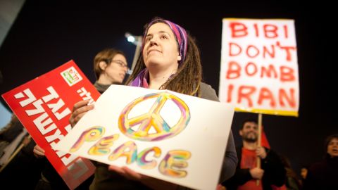 Israelis demonstrate on Saturday in Tel Aviv against war with Iran. "Bibi" is Israeli Prime Minister Benjamin Netanyahu.