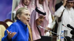 U.S. Secretary of State Hillary Clinton speaks during a joint press conference with Saudi Foreign Minister Prince Saud al-Faisal. 