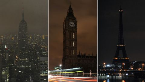 A combo image of file pictures of the Empire State Building in New York, Big Ben in London and the Eiffel Tower in Paris with lights turned off during Earth Hour in 2009.