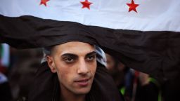 A Syrian immigrant attends a rally against President Bashar al-Assad in front of the Syrian Embassy in Sofia on Saturday.