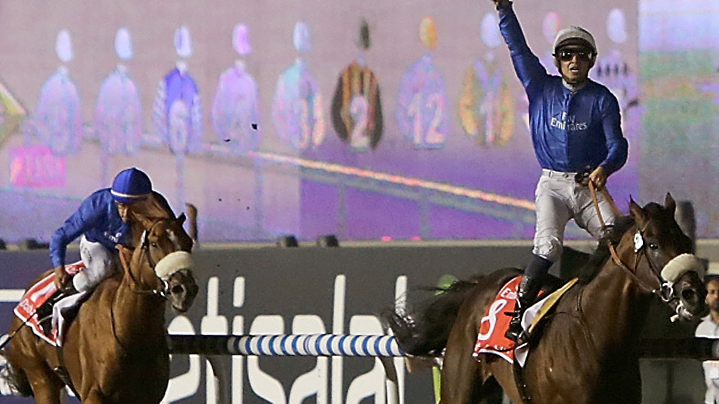 Mikael Barzalona celebrates in trademark style after riding Monterosso to victory in the Dubai World Cup.