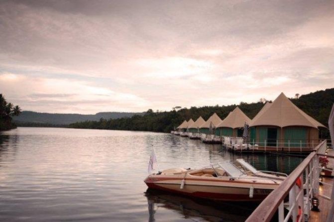 The 4 Rivers Floating Lodge in Koh Kong is a resort of 12 luxury yurts that float on the Cambodian section of the Mekong River, an hour's drive from the Thai border,