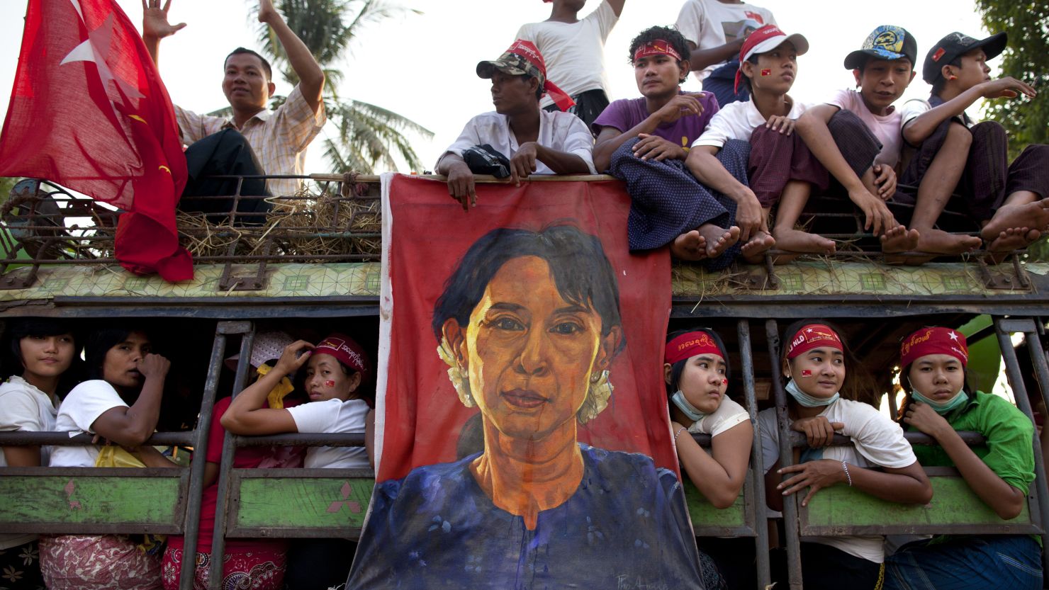 Supporters pack a truck with the hope of seeing democracy leader Aung San Suu Kyi on her visit to her constituency for the parliamentary elections April 1, 2012 in Myanmar.